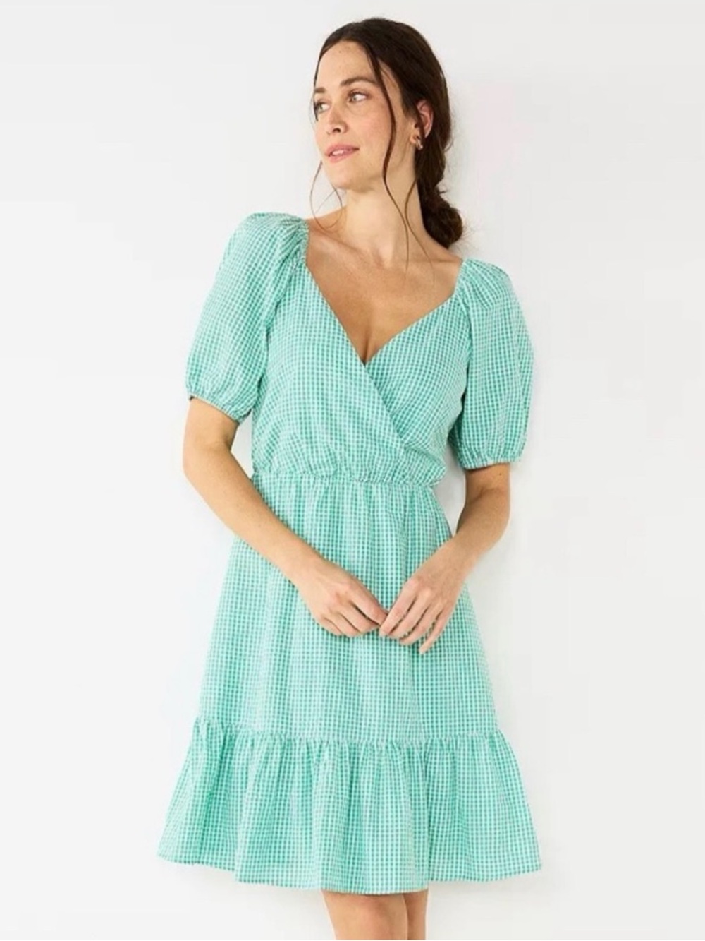 Draper James Mint Gingham Puff-Sleeve Wrap Midi Dress